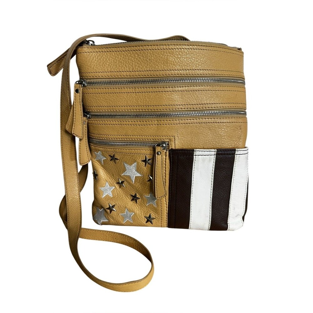 Sharif 1827 Leather Crossbody Organizer Bag Tan Studded Stars Striped Pocket